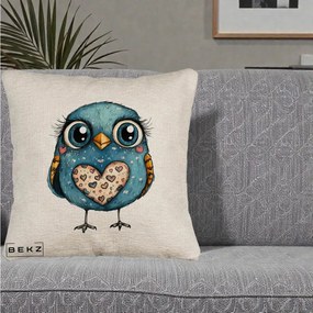 Perna Decorativa Bufnita Albastra cu Inimioare, 40x40 cm, Bej Canapea, Husa Detasabila, Perna Inclusa, BEKZ®