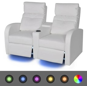 Fotoliu rabatabil cu 2 locuri, LED piele artificiala alb Alb, Canapea cu 2 locuri cu suport de pahar