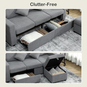 HOMCOM Divan 3 Locuri cu Pouf de Depozitare din Velur cu Nervuri 196x139x85 cm, Gri | Aosom Romania