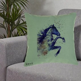 Perna Decorativa Cal Albastru Acuarela, 40x40 cm, Verde, Husa Detasabila, Perna Inclusa, BEKZ®