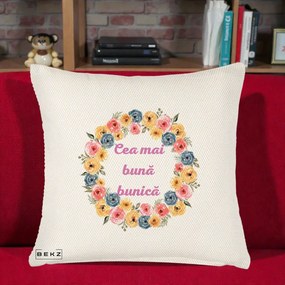 Cadou pentru Bunica - Perna Personalizata Cea Mai Buna Bunica Coronita Flori Multicolore, 40x40 cm, Crem Reliefat, Husa Detasabila, Perna Inclusa, BEKZ®