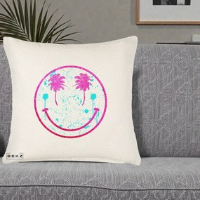 Perna Decorativa Smiley Face Tropical Glitter Roz, 40x40 cm, Crem Reliefat, Husa Detasabila, Perna Inclusa, BEKZ®