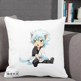 Perna Personalizata Gintama Gintoki Chibi Pisica, 40x40 cm, Alba Mata, Husa Detasabila, Perna Inclusa, BEKZ®