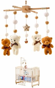 Jucarie pentru patut bebelusi Promise Babe, model ursuleti, lemn/textil, maro/alb, 40 cm