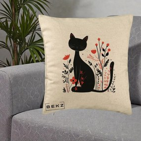 Perna Decorativa Pisica Neagra Flori Rosii Folk Minimal, 40x40 cm, Bej, Husa Detasabila, Perna Inclusa, BEKZ®
