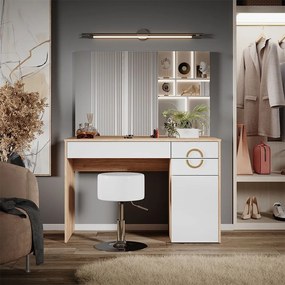 Masuta machiaj cu Oglinda LED si 3 Sertare pentru Cosmetice, Set Masa toaleta 115 cm, Alb, masuta cosmetica, vanity - SEA441