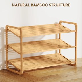 HOMCOM Etajeră pentru pantofi cu 3 rafturi pentru 12 perechi de pantofi din bambus 76x33x50.8 cm | Aosom Romania