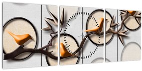 Tablou artistic - Păsărele pe creangă (cu ceas) (90x30 cm)