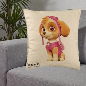 Perna Personalizata Skye PAW Patrol Roz, 40x40 cm, Bej, Husa Detasabila, Perna Inclusa, BEKZ®