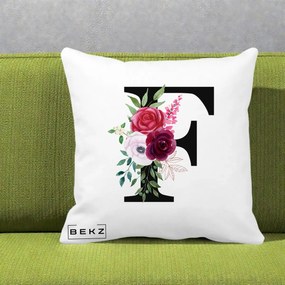Cadou Personalizat - Perna Personalizata Monograma Florala Litera F, 40x40 cm, Alba Mata, Husa Detasabila, Perna Inclusa, BEKZ®