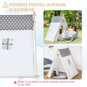 HOMCOM Cort Teepee Indian pentru Copii 3-6 Ani, Spațiu de Joacă Interior/Exterior cu Ușă și Fereastră, 130x111x136cm, Gri și Alb | Aosom Romania