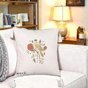 Perna Decorativa Pasare pe Ramura cu Maci, 40x40 cm, Bej cu Franjuri, Husa Detasabila, Perna Inclusa, BEKZ®