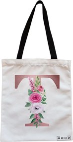 Sacosa de Panza pentru Cumparaturi, Geanta Tote, Cu litera T Rose Gold si Trandafiri, Cu fermoar, 38x34.5 cm, Alba, BEKZ®