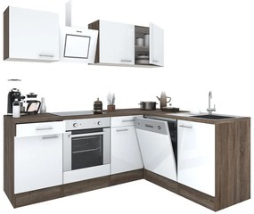 Mobilă de bucătărie de colț Yorki 220, corp din stejar Yorki, față alb satinat cu element inferior al cuptorului