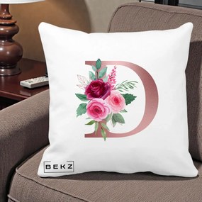Cadou Personalizat - Perna Personalizata Monograma Rose Gold Litera D, 40x40 cm, Alba Mata, Husa Detasabila, Perna Inclusa, BEKZ®