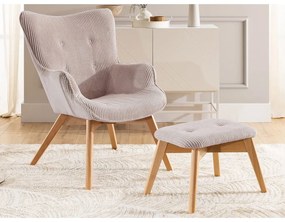 Fotoliu cu taburet roz deschis cu tapițerie din catifea reiată Niko – Ropez