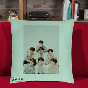 Perna Personalizata K-pop BTS Foto Grup Pastel, 40x40 cm, Verde Menta, Husa Detasabila, Perna Inclusa, BEKZ®