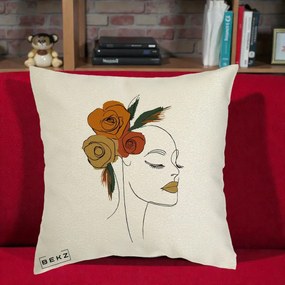 Perna Decorativa Portret Feminin Trandafiri Ruginii, 40x40 cm, Ecru, Husa Detasabila, Perna Inclusa, BEKZ®