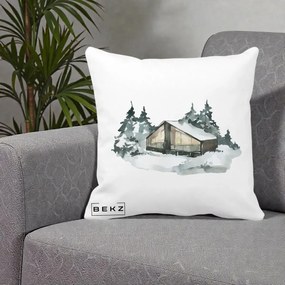 Perna Decorativa Cabana de Iarna in Padure, 40x40 cm, Alba Mata, Husa Detasabila, Perna Inclusa, BEKZ®