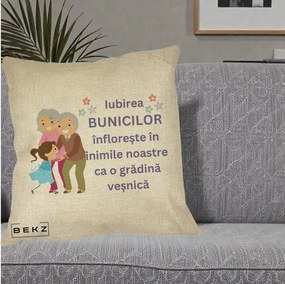 Cadou pentru Bunici - Perna Personalizata Bunicii Iubirea Infloreste Bunici cu Nepoata Colorat, 40x40 cm, Crem, Husa Detasabila, Perna Inclusa, BEKZ®