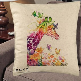Perna Decorativa Girafa Curcubeu Acuarela, 40x40 cm, Bej, Husa Detasabila, Perna Inclusa, BEKZ®