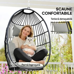 Scaun Suspendat Outsunny în Formă de Ou Fără Suport, Pliabil, cu Pernă Moale și Tetieră, Suport Pahar, Capacitate 120 kg, Gri Închis | Aosom Romania