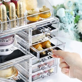 Organizator XXL cu 11 sertare şi 15 compartimente pentru make up şi cosmetică, transparent, acril