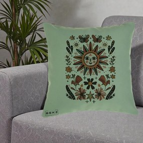 Perna Decorativa Soare Boho Folk Fluturi, 40x40 cm, Verde, Husa Detasabila, Perna Inclusa, BEKZ®