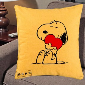Perna Personalizata Snoopy cu Inima, 40x40 cm, Galben, Husa Detasabila, Perna Inclusa, BEKZ®