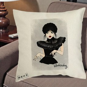 Perna Personalizata Wednesday Addams Portret Gotic, 40x40 cm, Ecru, Husa Detasabila, Perna Inclusa, BEKZ®