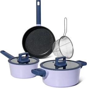 Set de cratite, cos de prajit si tigaie Just Perfecto JL-330, 6 piese, Acoperire din marmura, Inductie, Capac din sticla cu orificiu pentru abur, Violet/albastru