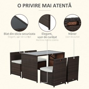 Outsunny Set Mobilier Grădină Ratan 5 Piese, Masă Prânz, 4 Scaune Terasă, Perne Incluse, Maro | Aosom Romania