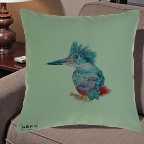 Perna Decorativa Pasare Martin Pescar Acuarela Albastru-Mov, 40x40 cm, Verde, Husa Detasabila, Perna Inclusa, BEKZ®
