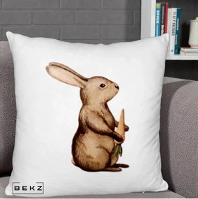 Perna Decorativa Iepuras Acuarela cu Morcov, 40x40 cm, Alb Pufos, Husa Detasabila, Perna Inclusa, BEKZ®