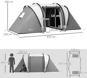 Outsunny Cort de camping familial 4-5 persoane cu 2 camere 3 ferestre, sac de transport, impermeabil, dim. 450L x 220l x 180Hcm | Aosom Romania
