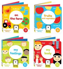 JOC EDUCATIV PENTRU COPII SI BEBELUSI,, LITTLE EXPLORERS LIBRARY, 4 CARTI TIP ACORDEON CU FERMA, PARTILE CORPULUI, FRUCTE SI SENTIMENTE, 90 CM LUNGIME - BANANA PANDA (BP77344)