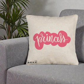 Perna Decorativa Princess Text Roz, 40x40 cm, Bej Canapea, Husa Detasabila, Perna Inclusa, BEKZ®