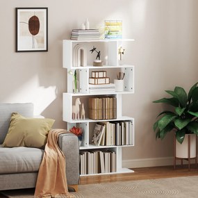 HOMCOM Bibliotecă Asimetrică în Formă de S cu 5 Niveluri și 10 Rafturi Deschise, 80x24x159 cm, Alb | Aosom Romania