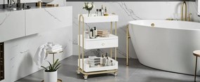 CMAU201 - Carucior 51 cm, cu Rafturi si Roti, masuta manichiura, ucenic cosmetica, masa coafor - Alb - Imitatie de marmura - Auriu