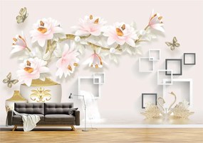 Tapet Premium Canvas - Abstract flori cu patrate si lebede