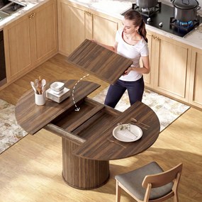 HOMCOM Masă Extensibilă pentru 6-8 Persoane, Rotundă/Ovală, cu Bază Tip Piedestal, din MDF și Oțel, Nuc Închis | Aosom Romania