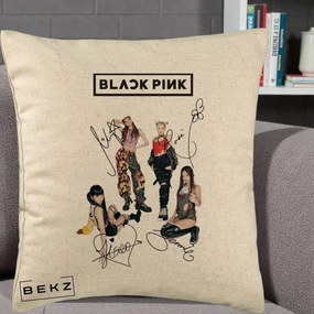 Perna Personalizata K-pop BLACKPINK Fotografie Grup Autografe Toate Membre, 40x40 cm, Bej, Husa Detasabila, Perna Inclusa, BEKZ®