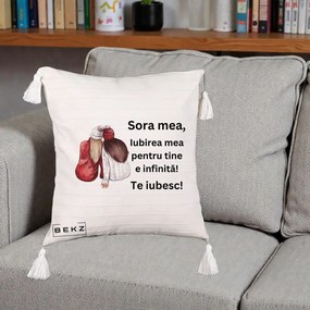 Cadou pentru Sora - Perna Personalizata Sora Mea Te Iubesc Doua Fete Iarna Acuarela, 40x40 cm, Bej cu Franjuri, Husa Detasabila, Perna Inclusa, BEKZ®