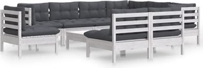 vidaXL Set mobilier grădină cu perne, 10 piese, alb, lemn masiv pin