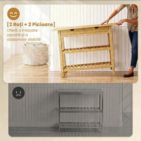 HOMCOM Cărucior de Bucătărie din Lemn de Bambus cu 2 Sertare, 2 Rafturi și 2 Roți, 100x43x75 cm, Lemn | Aosom Romania