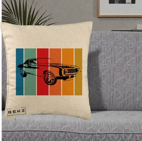 Perna Personalizata Masina Retro Muscle Car Grafic, 40x40 cm, Bej, Husa Detasabila, Perna Inclusa, BEKZ®