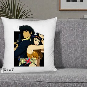 Perna Personalizata Cowboy Bebop Spike si Faye Poster, 40x40 cm, Alb Pufos, Husa Detasabila, Perna Inclusa, BEKZ®