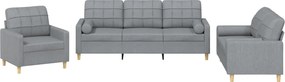 vidaXL Set de canapele cu perne, 3 piese, gri deschis, textil