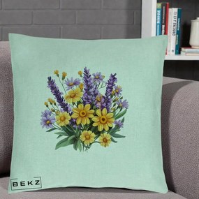 Perna Decorativa Lavanda cu Margarete Galbene si Lila, 40x40 cm, Verde Menta, Husa Detasabila, Perna Inclusa, BEKZ®