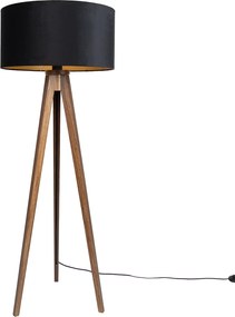 Lampă de podea din lemn de nuc cu abajur negru cu interior auriu 50cm - Tripod Classic